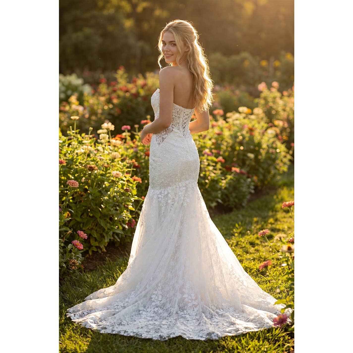 STRAPLESS LACE MERMAID GOWN WITH FLARED HEM