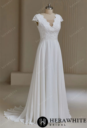 V neckline Wedding Dress with Chiffon Skirt