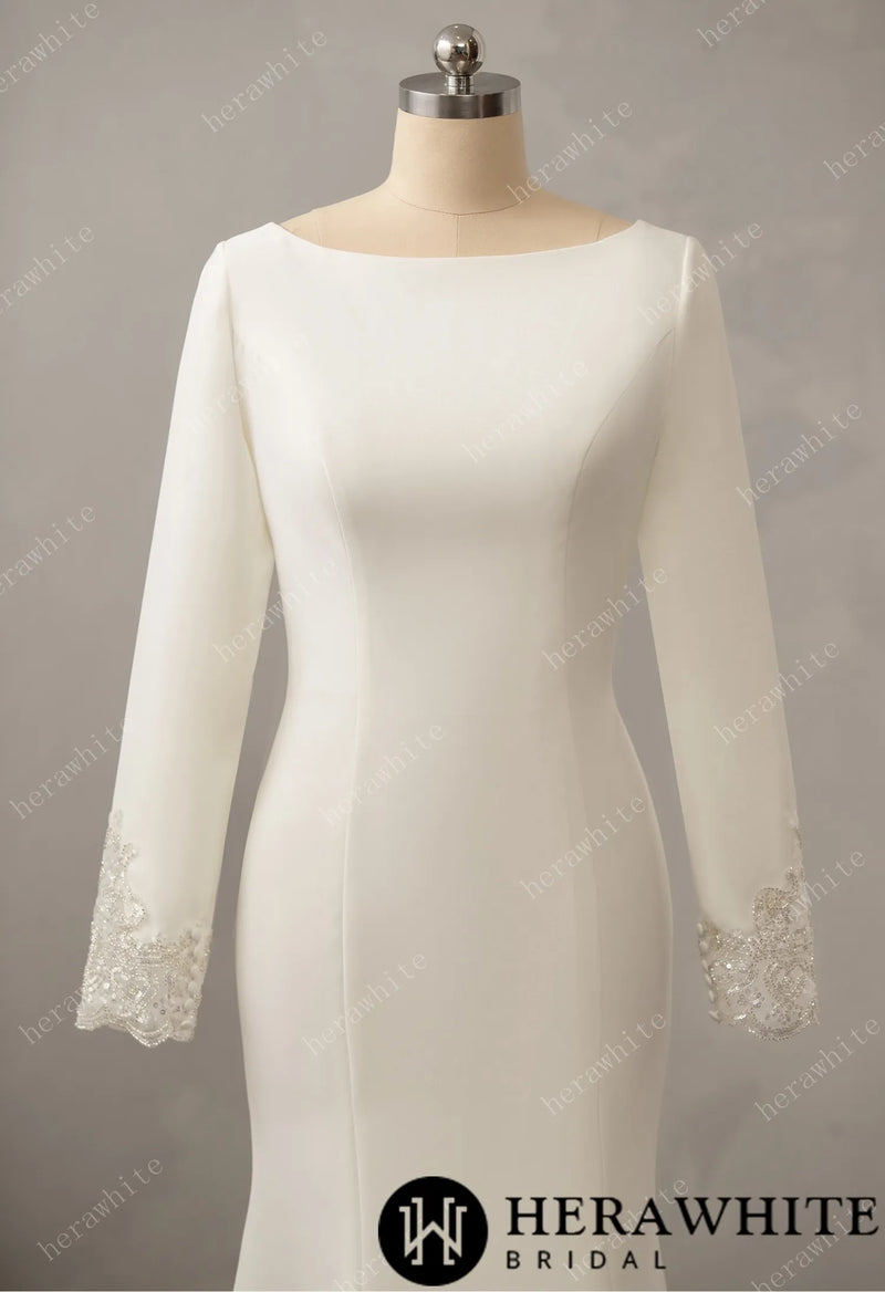 Long Sleeve Crepe Bateau Wedding Dress with Beaded Back