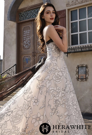 Strapless Black & Ivory Line-Art Floral Organza Bridal Gown With Back Detachable Bow HW3820