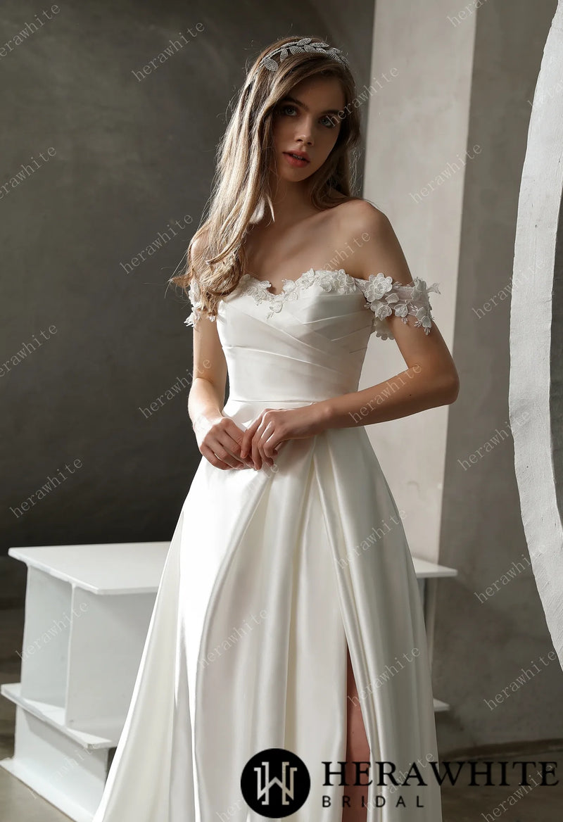 Satin Off-the-shoulder A-line Bridal Gown with Slit Skirt