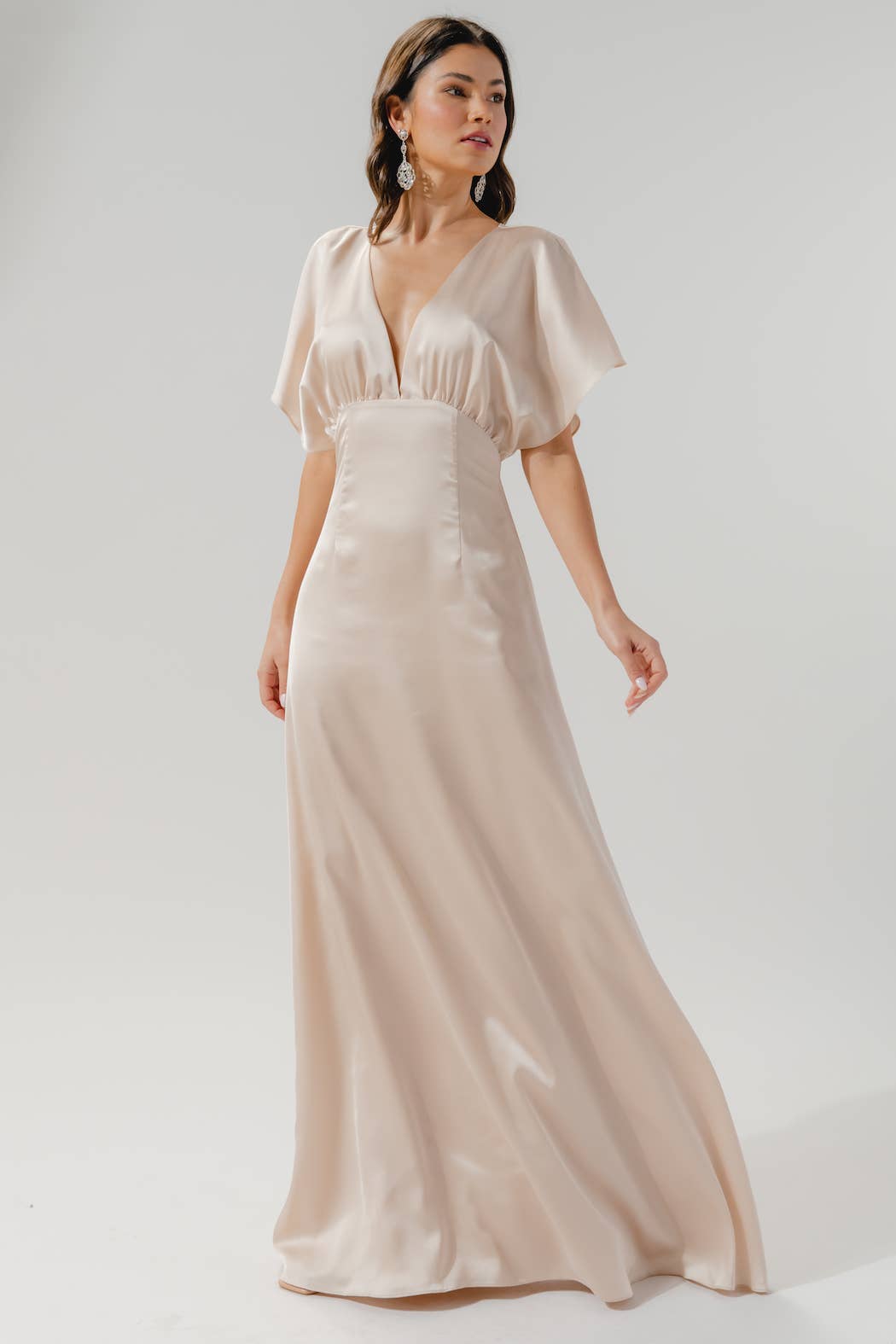 Darling Flutter Sleeve Cut Out Satin Maxi Dress: Champagne / S