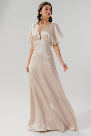 Darling Flutter Sleeve Cut Out Satin Maxi Dress: Champagne / XL