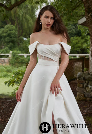 Modern Off Shoulder Grace Slit And Strapless Satin Black Wedding Dress