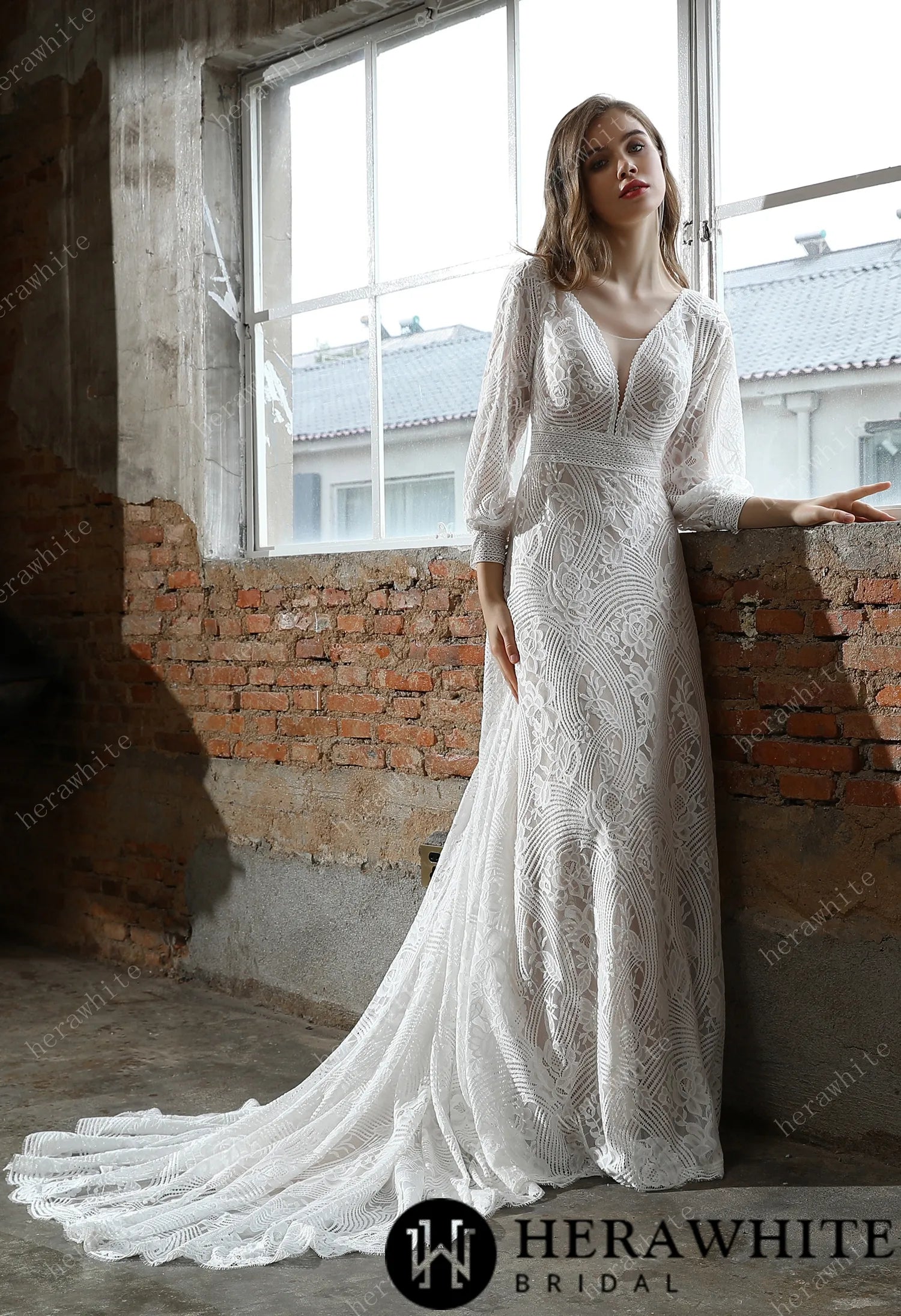 Unique Plunging V-neck Lace Bohemian wedding gown
