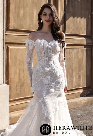 Off-the-Shoulder  3D Flower Lace Fit And Flare Wedding Dress HW3809