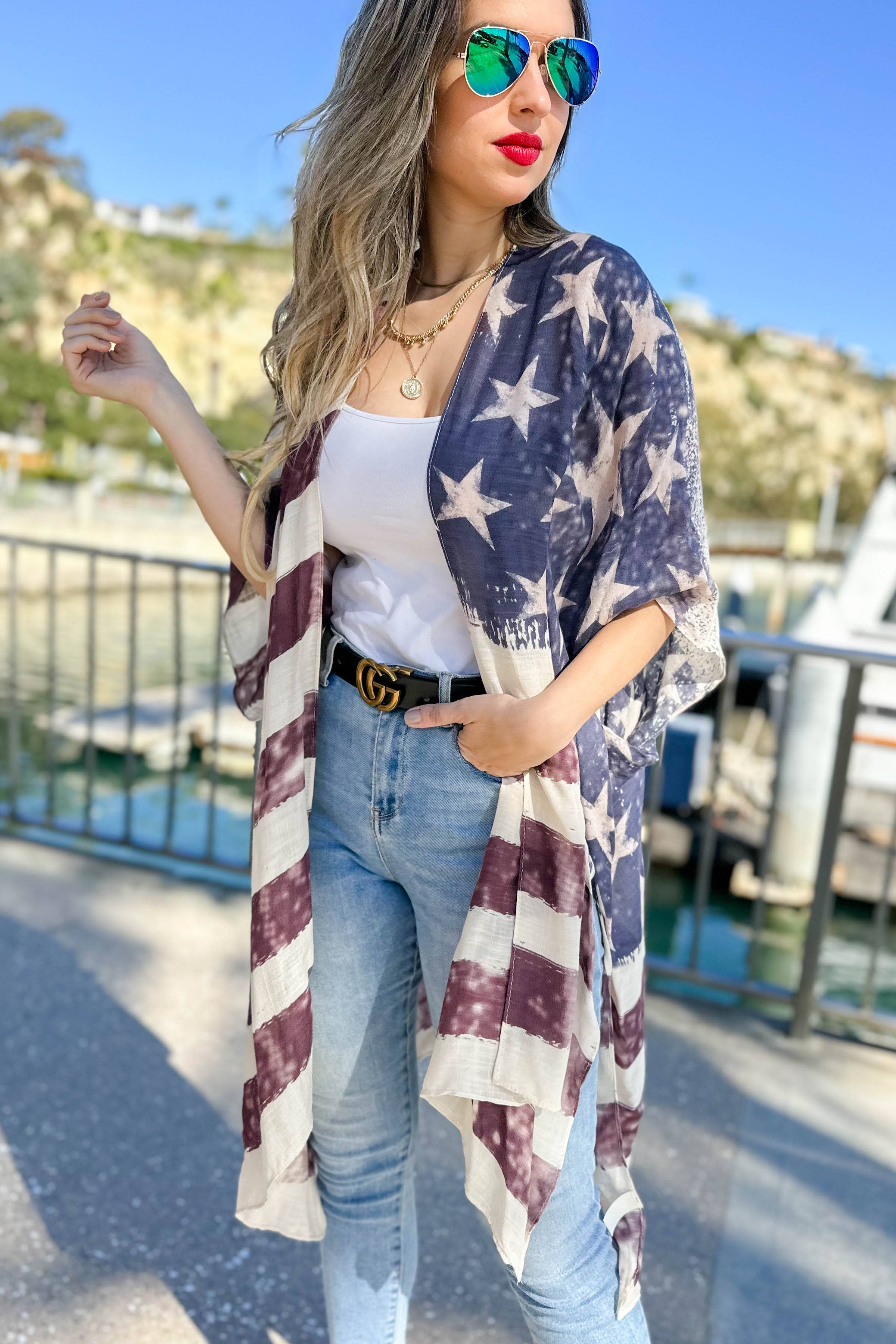 4th of July Vintage American Flag Printed Kimono Cover Up