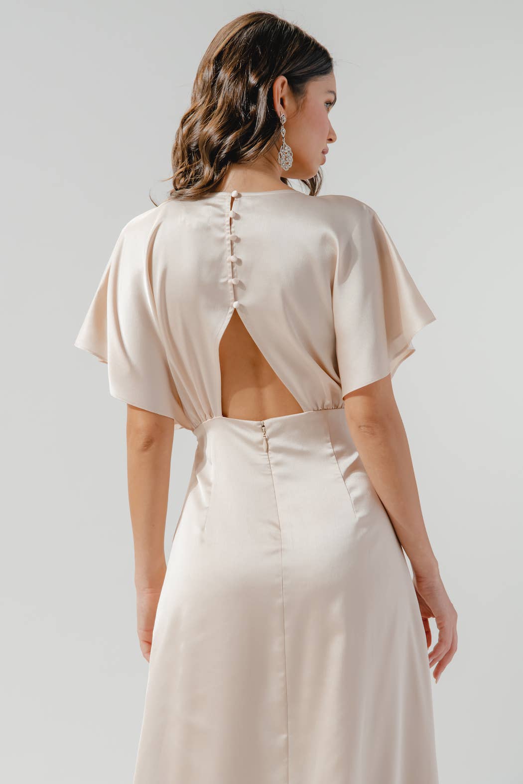 Darling Flutter Sleeve Cut Out Satin Maxi Dress: Champagne / S