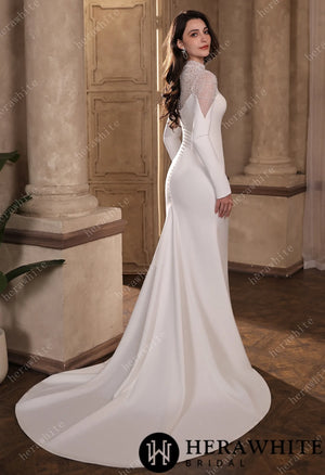 Sparkling Sheer High-Neck Beaded Mesh Long Sleeves Crepe Gown HW3855
