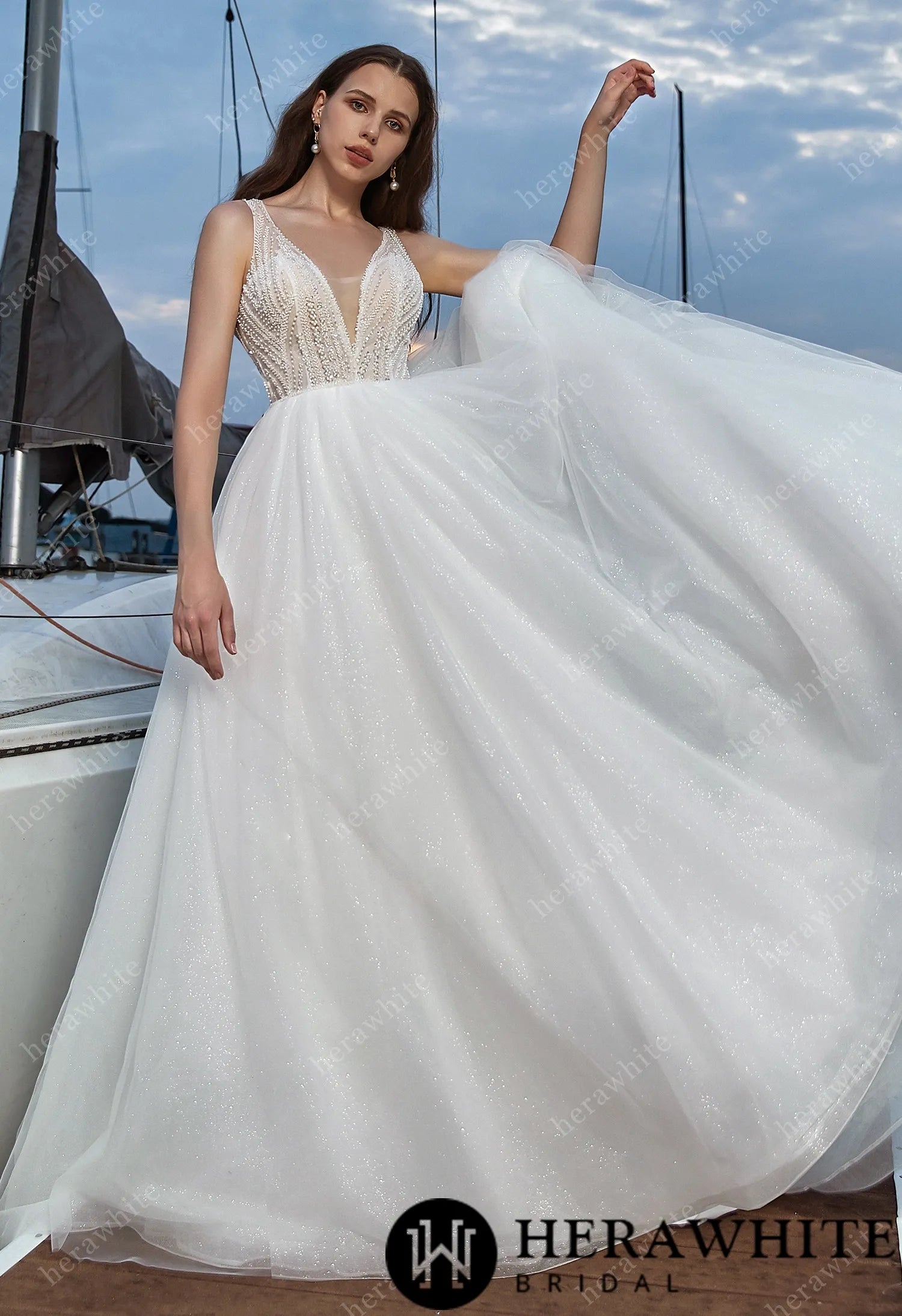 Modern Sparkly Glitter Tulle A-line Wedding Dress with V-neckline Forever & Always Modern Sparkly Glitter Tulle A-line Wedding Dress with V-neckline Forever & Always