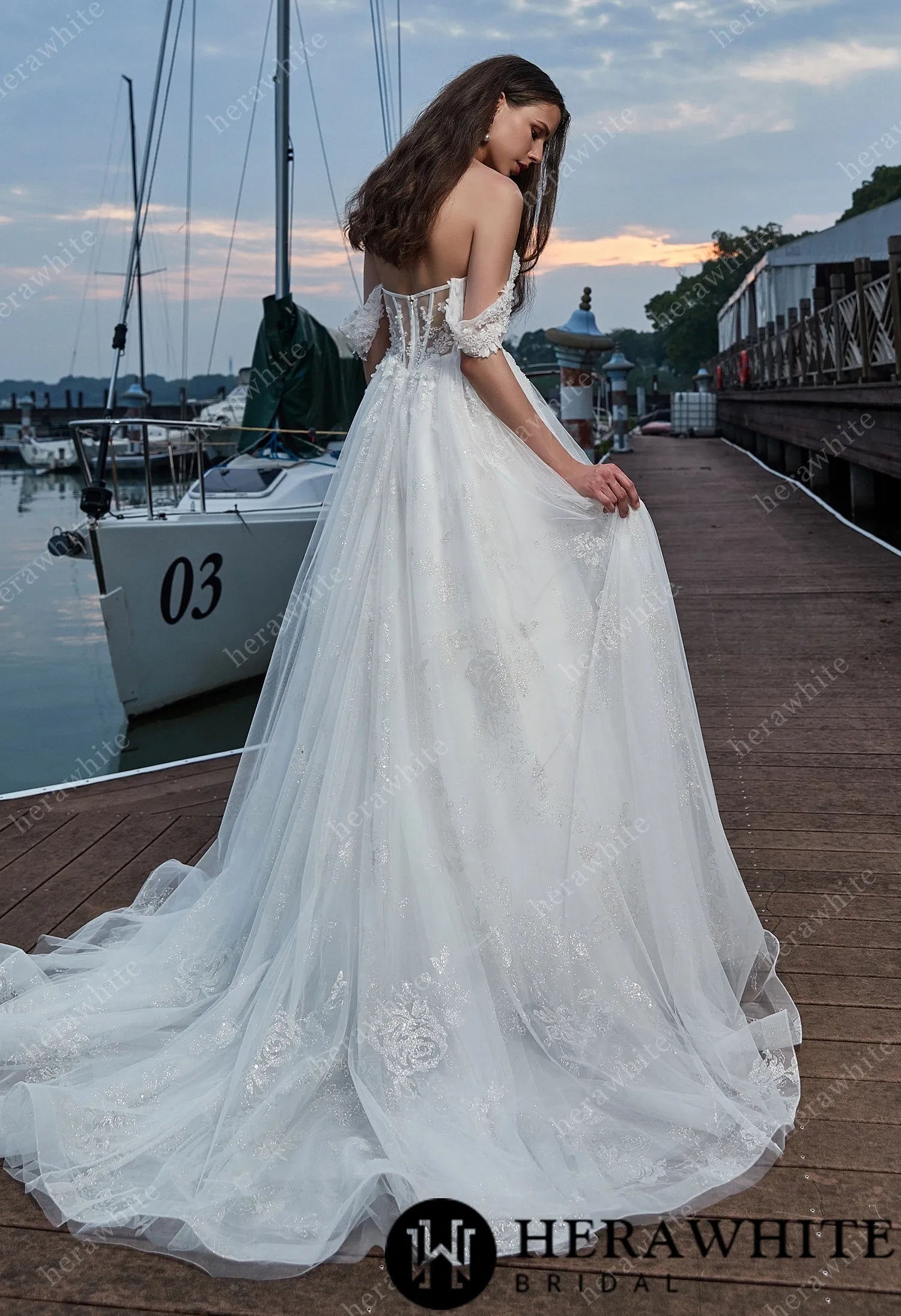 Hollow Appliques Off Shoulder And Sweetheart Wedding Dress