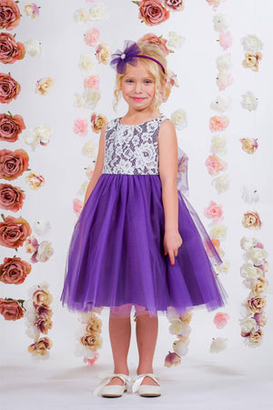 Lace Illusion Girls Dress With/Without 3 Mesh Flowers: No / Purple / 8