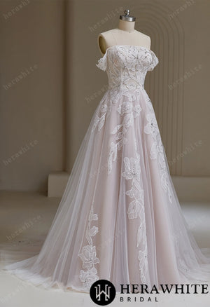 Romantic Off The Shoulder Tulle Floral Lace A-line Wedding Dress