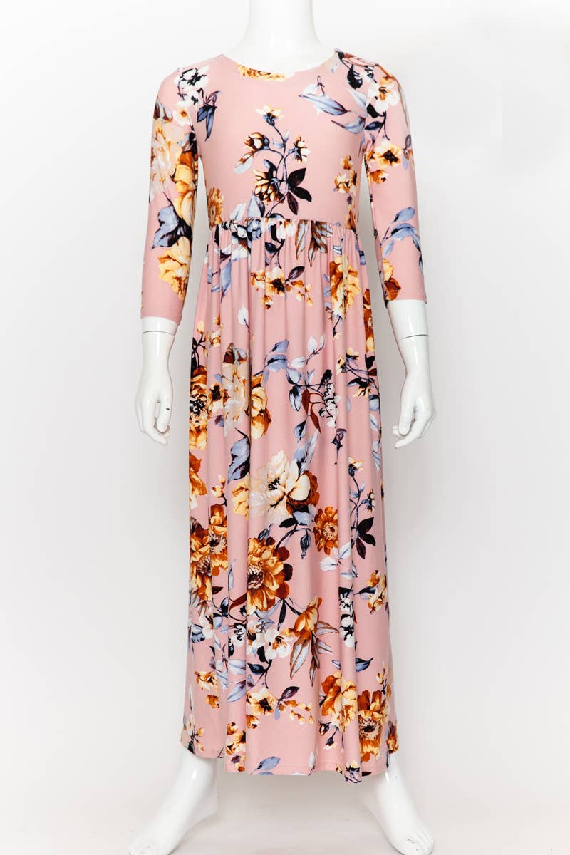 Girls Fit and Flare Floral Maxi Dress: FLORAL ORANGE / M
