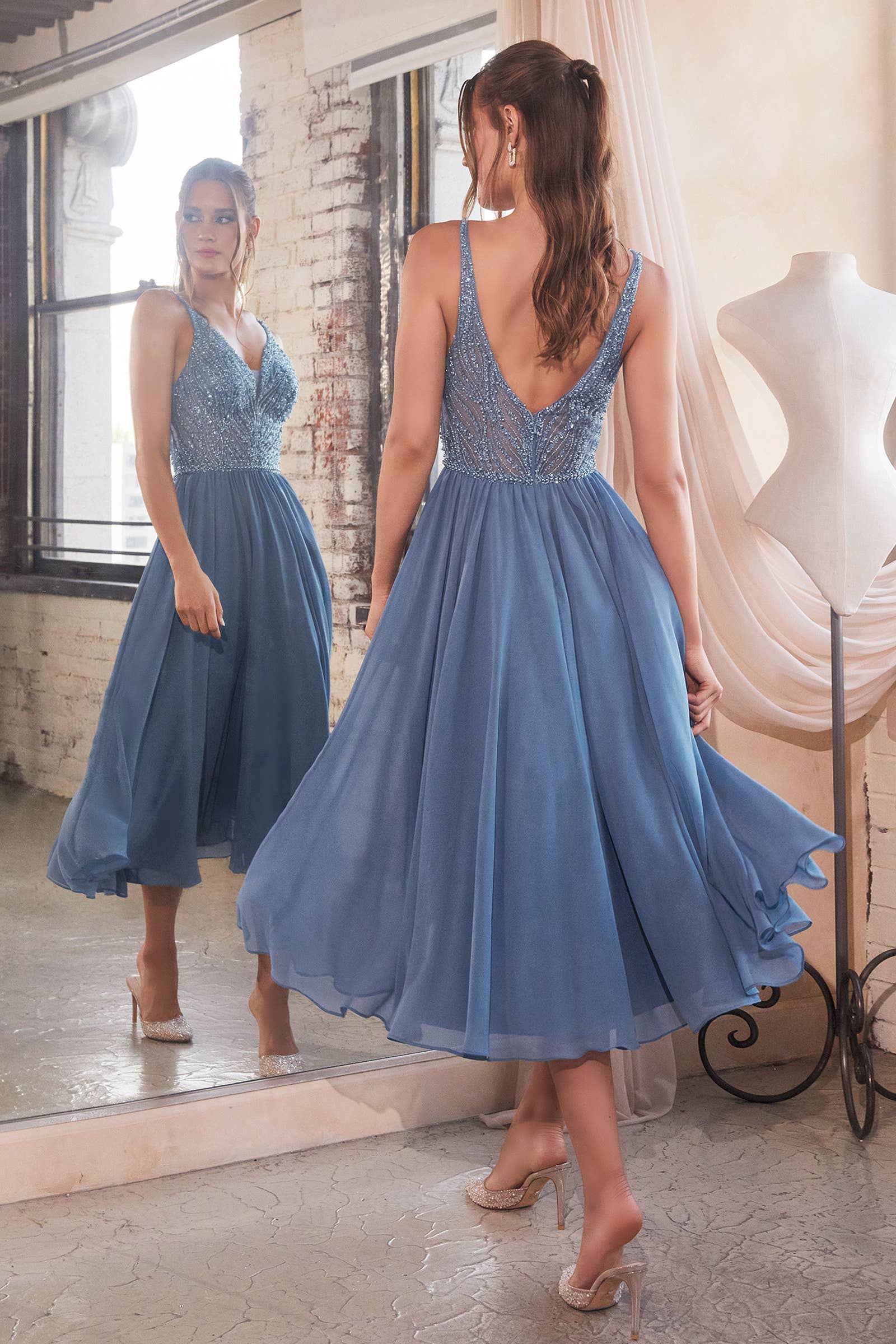 CHIFFON TEA LENGTH DRESS