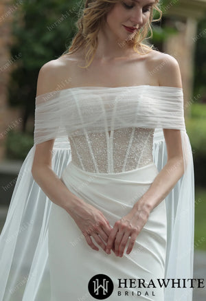 Plunging V-neck Beaded Crepe Fit And Flare Wedding Dress