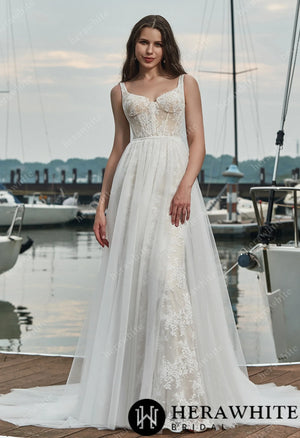 French Lace Wedding Dress With Detachable Overskirt