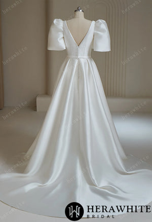 Mikado Square Neck and Puff Sleeve Wedding Dress