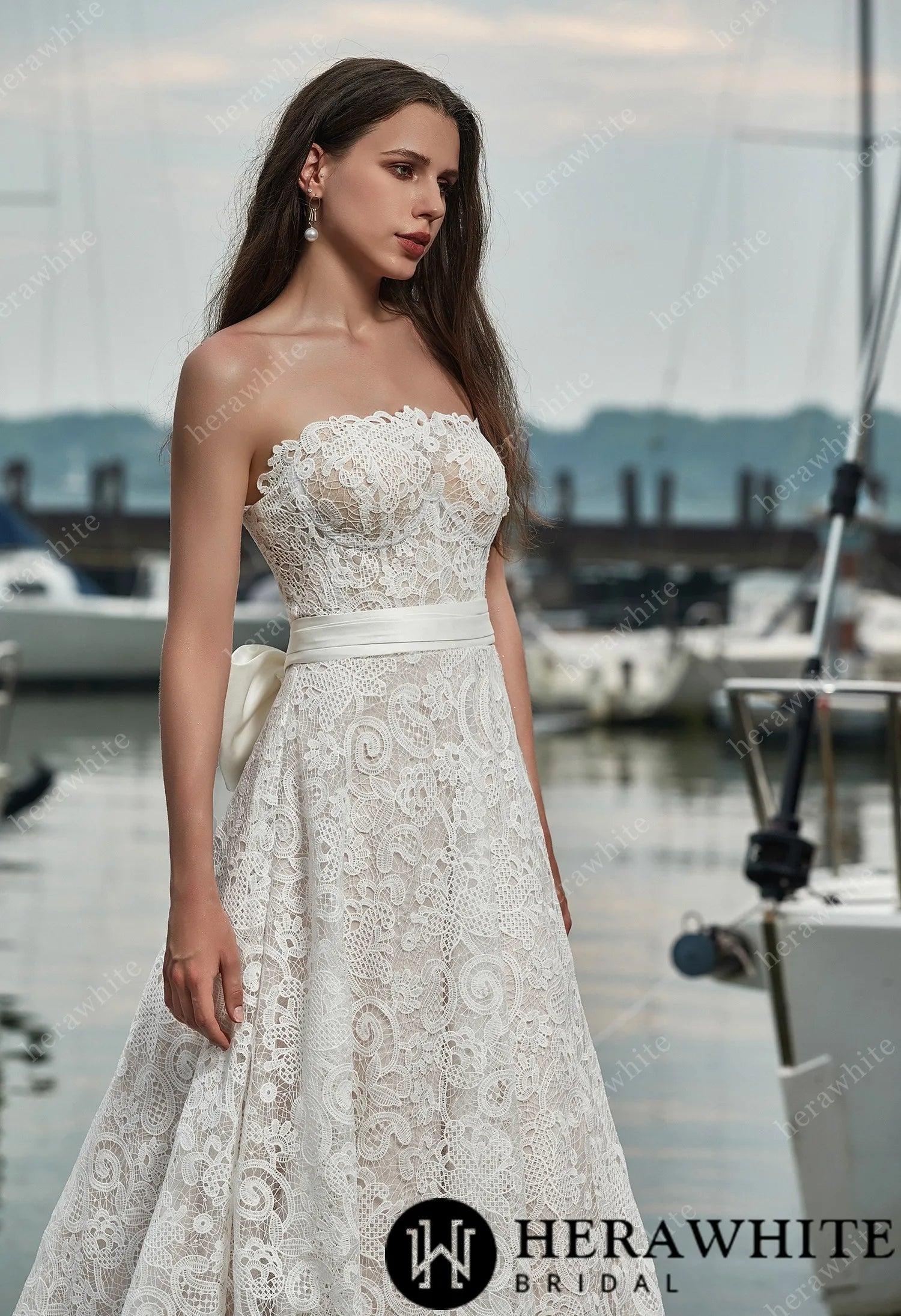 Strapless Lace Wedding Dress with Belt and Detachable Bow