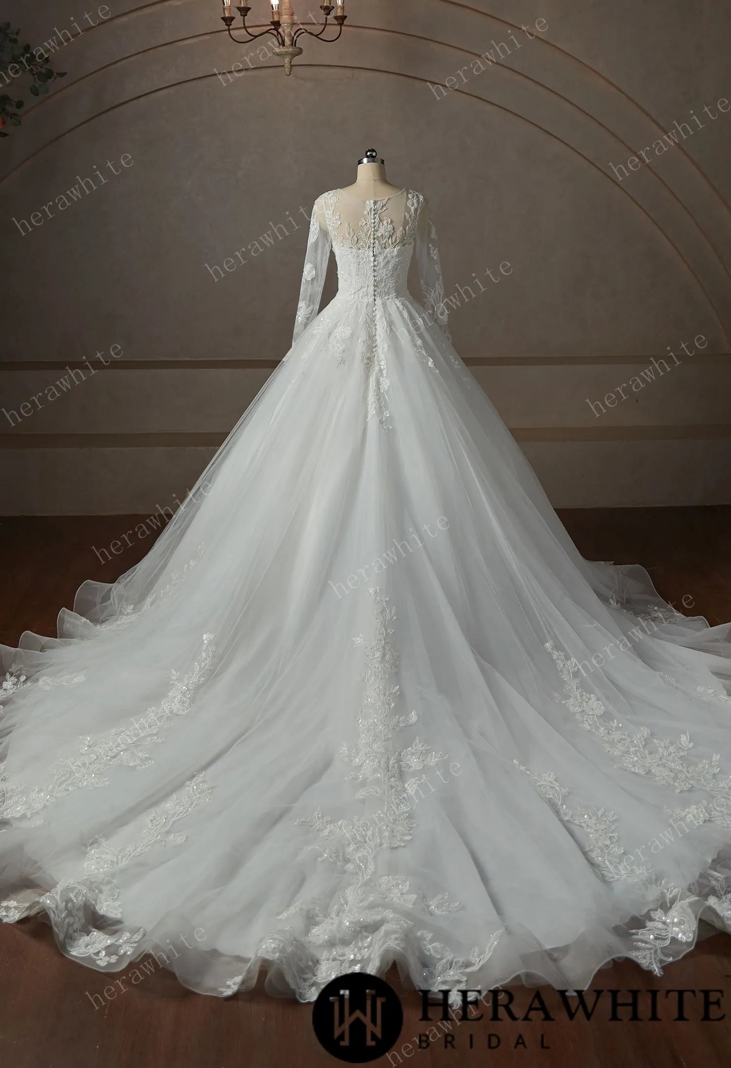 Modest Beaded Lace With Long Illusion Sleeves Ball Gown Wedding Dress