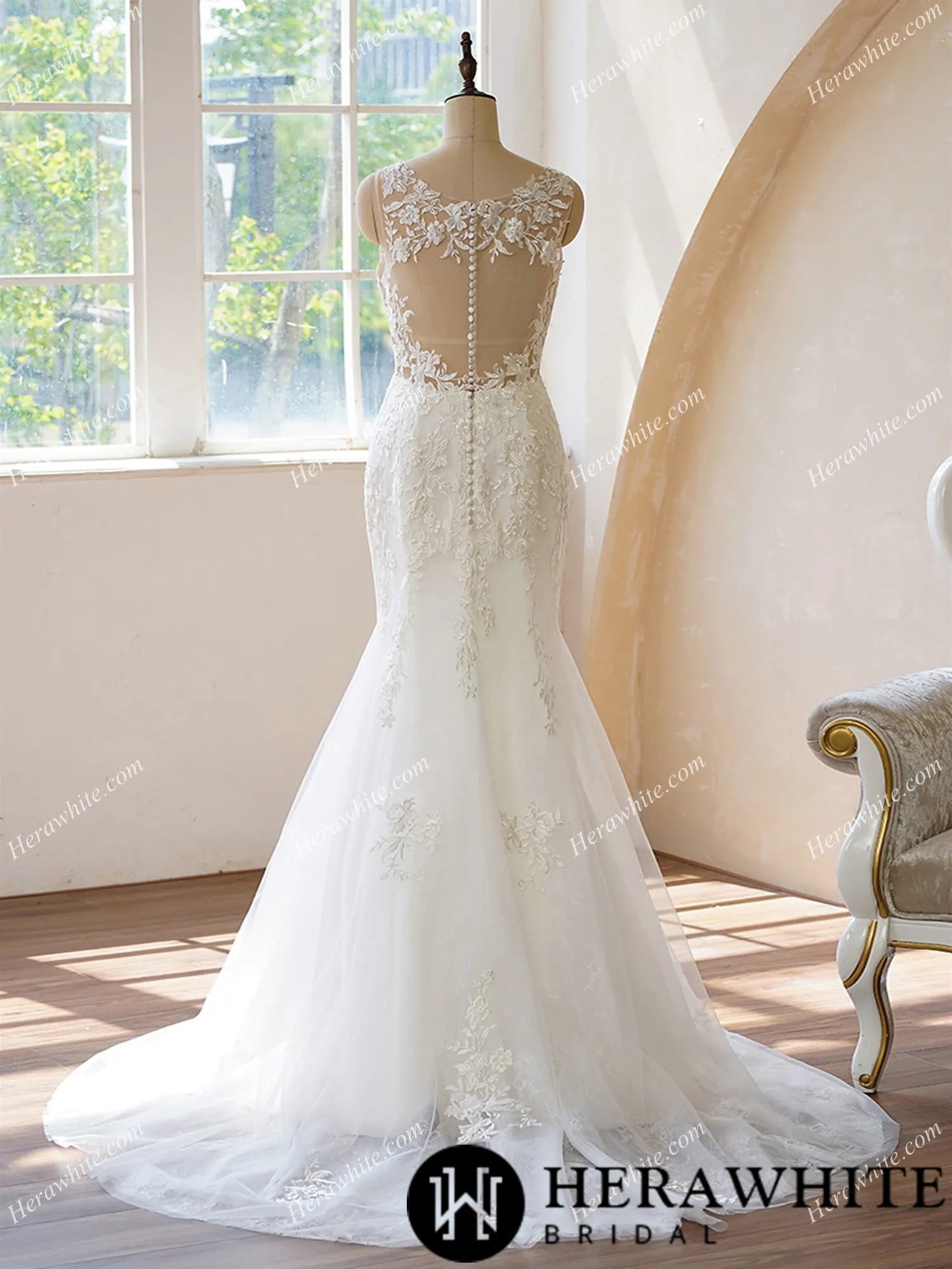 Illusion Back Fit and Flare With Applique Wedding Dress