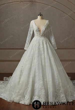 V-Neck Sparkly Wedding Gown With Long Sleeve