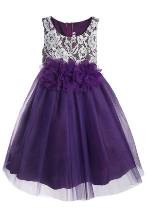 Lace Illusion Girls Dress With/Without 3 Mesh Flowers: No / Purple / 8