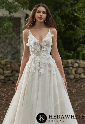 Sexy Beaded Spaghetti Strap Wedding Dress with 3D Flowers