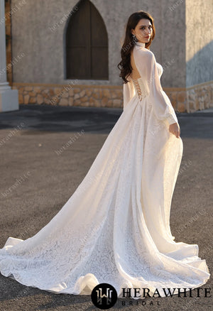 A-line Wedding  Gown In A Floral Print Organza With Detachable Cape HW3831