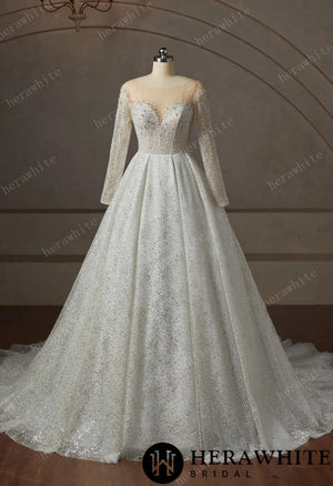 Sparkly Off The Shoulder Long Sleeve Ball Gown Wedding Dress