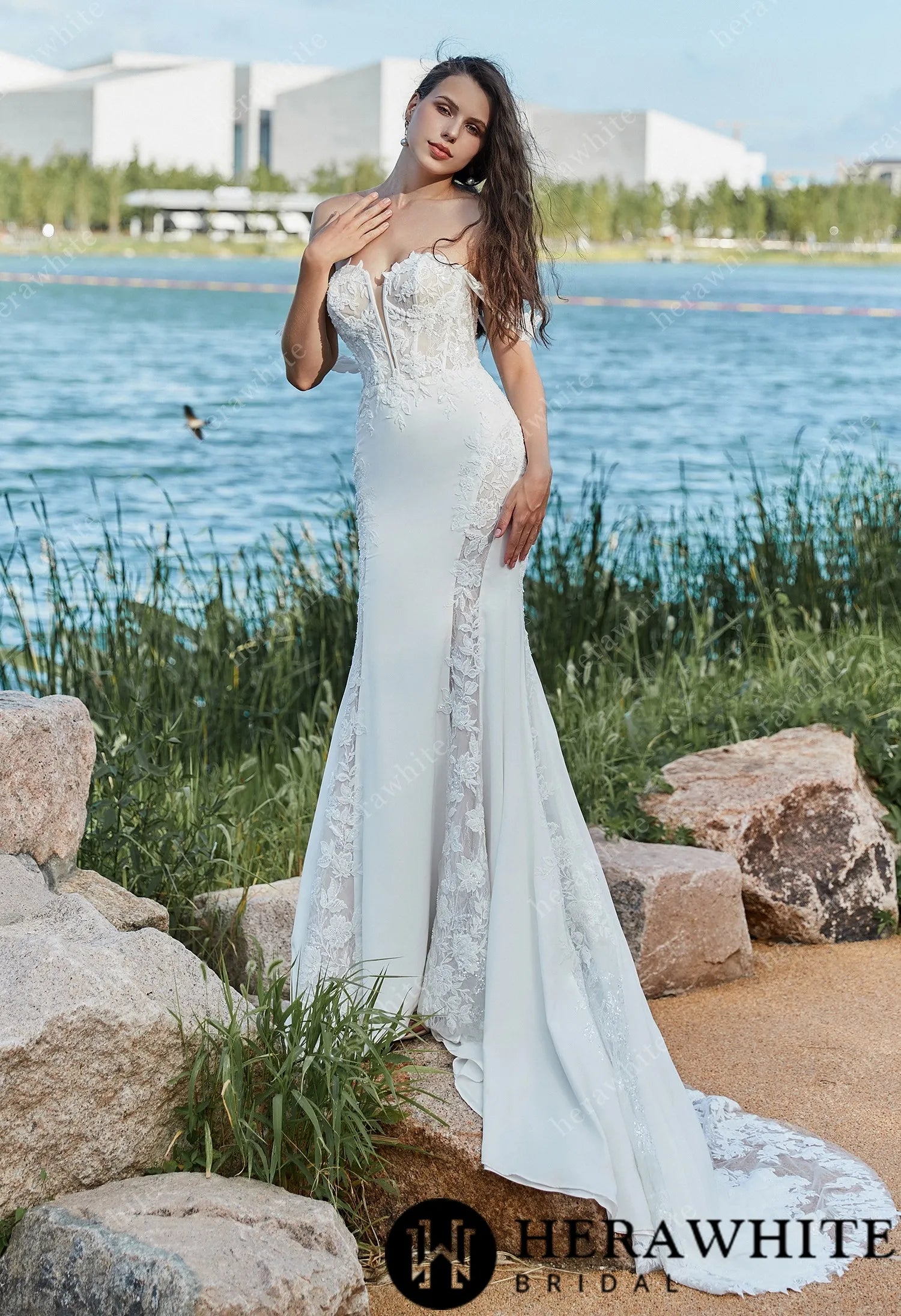 Alluring Off The Shoulder Sleeve Lace Fit-and-Flare Wedding Dress With Open Back