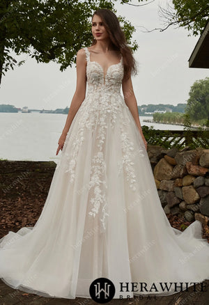 Appliques Tulle V-Neck Straps And Grace Wedding Dress