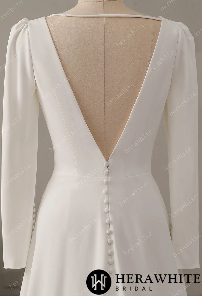 Crepe Plunging V-neckline Wedding Dress with Long Sleeve