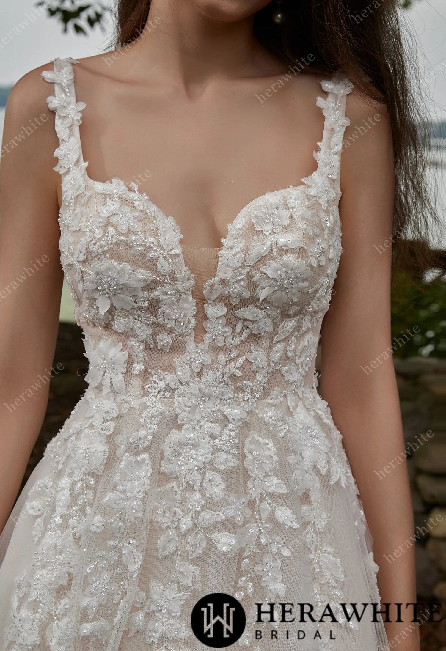 Appliques Tulle V-Neck Straps And Grace Wedding Dress