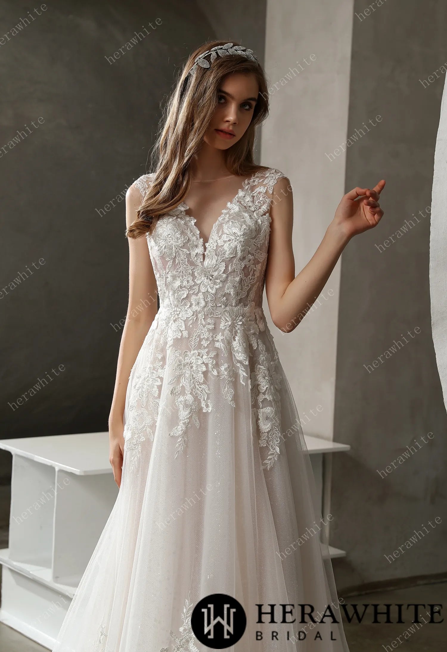 Sparkly Tulle and Lace A-Line Bridal Gown with Bateau Neckline