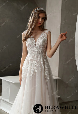 Sparkly Tulle and Lace A-Line Bridal Gown with Bateau Neckline