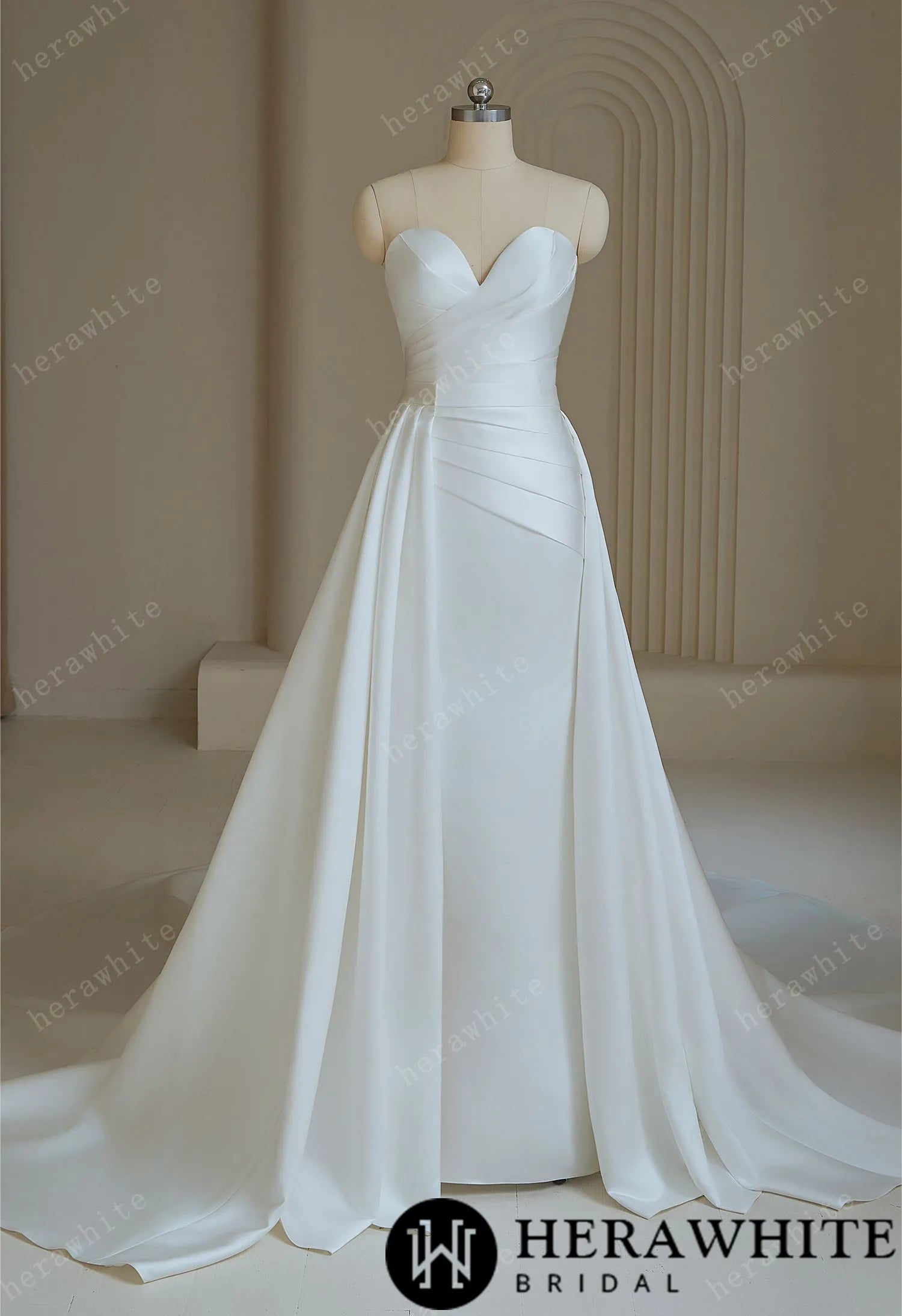 Sweetheart pleated Satin Mermaid Wedding Dress with Overskirt