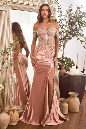 EMBELLISHED OFF THE SHOULDER SATIN FRINGE GOWN