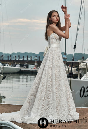 Strapless Lace Wedding Dress with Belt and Detachable Bow