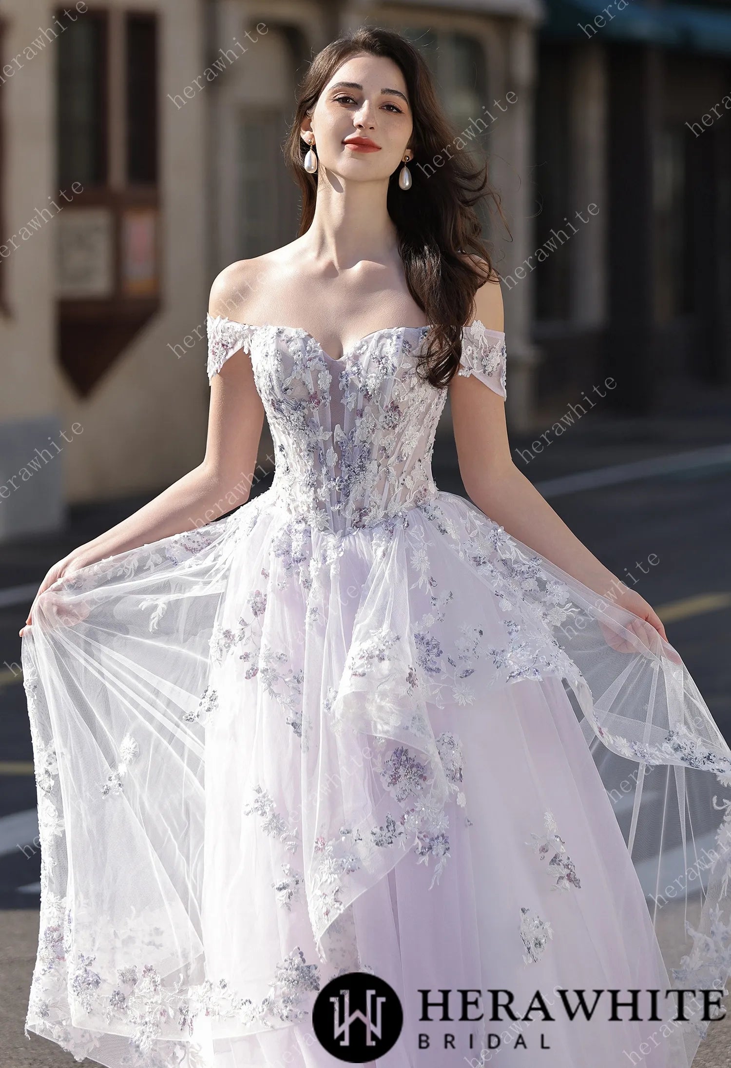 Floral Sheer-Bodice Bridal Gown with Asymmetric Ruffled Skirt HW3856