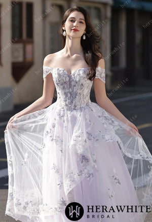 Floral Sheer-Bodice Bridal Gown with Asymmetric Ruffled Skirt HW3856