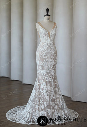 Boho Lace Mermaid Wedding Dress With Deep Plunging V Neck