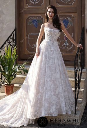 Ethereal Cat Eye Neckline Lace Ballgown Wedding With 3-D Flower Accents HW3817