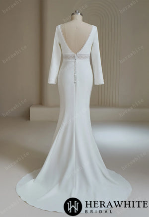 Deep V Neck Crepe Mermaid Wedding Dresses With Full Sleeves