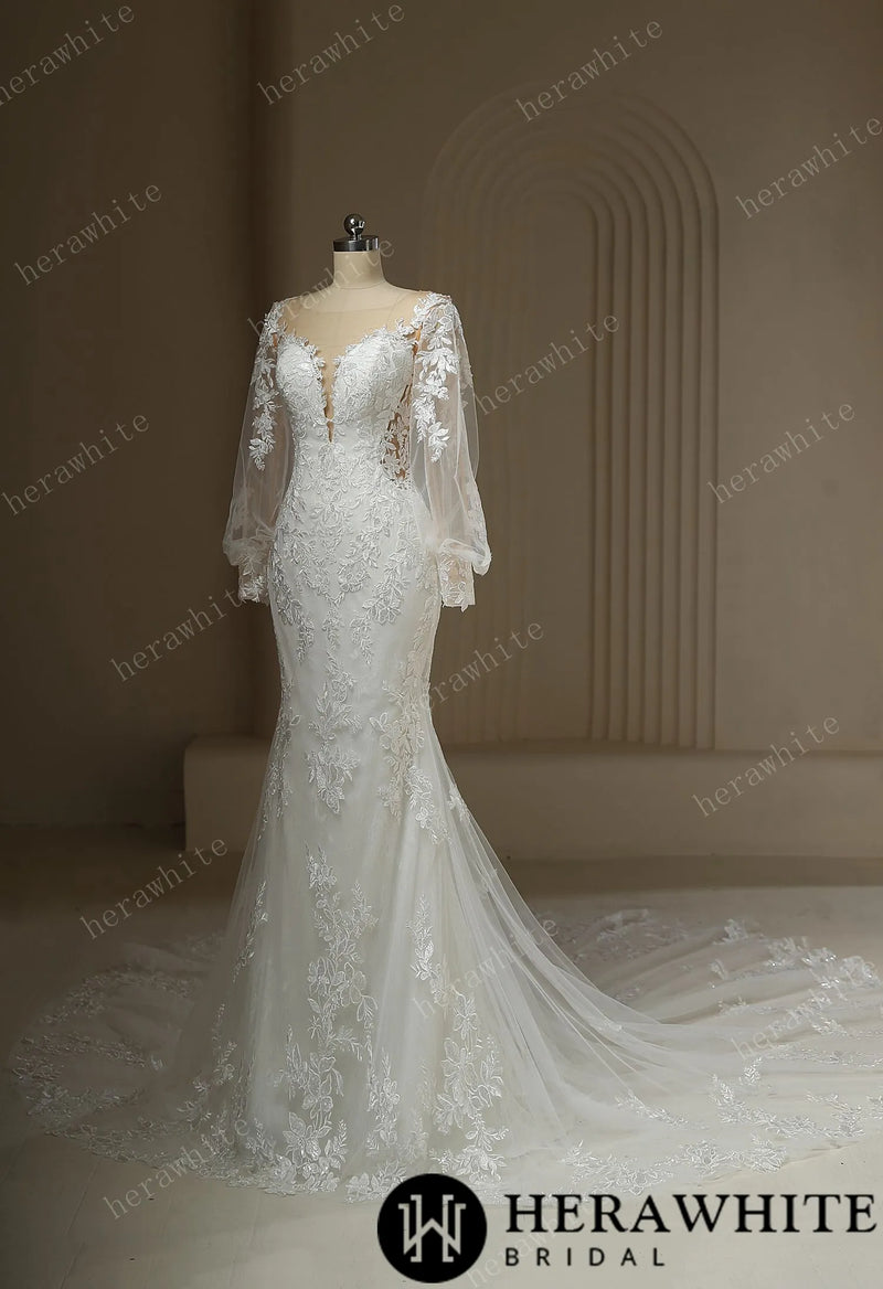 Long Train Mermaid Bridal Lace Wedding Dress With Plunging Neckline