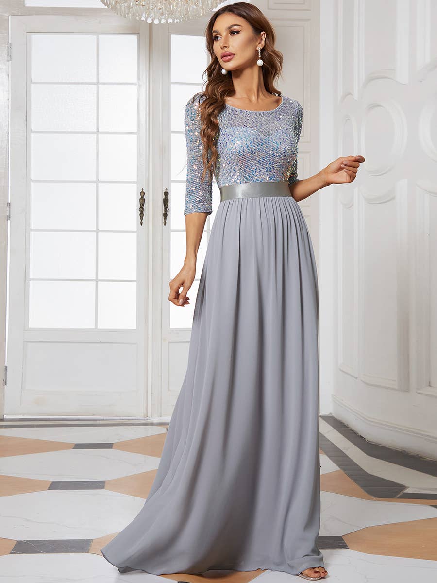 Elegant Round Neckline Sequins Patchwork Dress: 26 / Burgundy