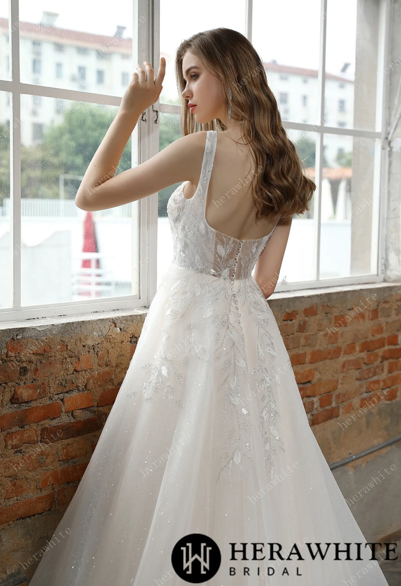 Square Neckline Wedding Dress with Delicate Leafy Lace