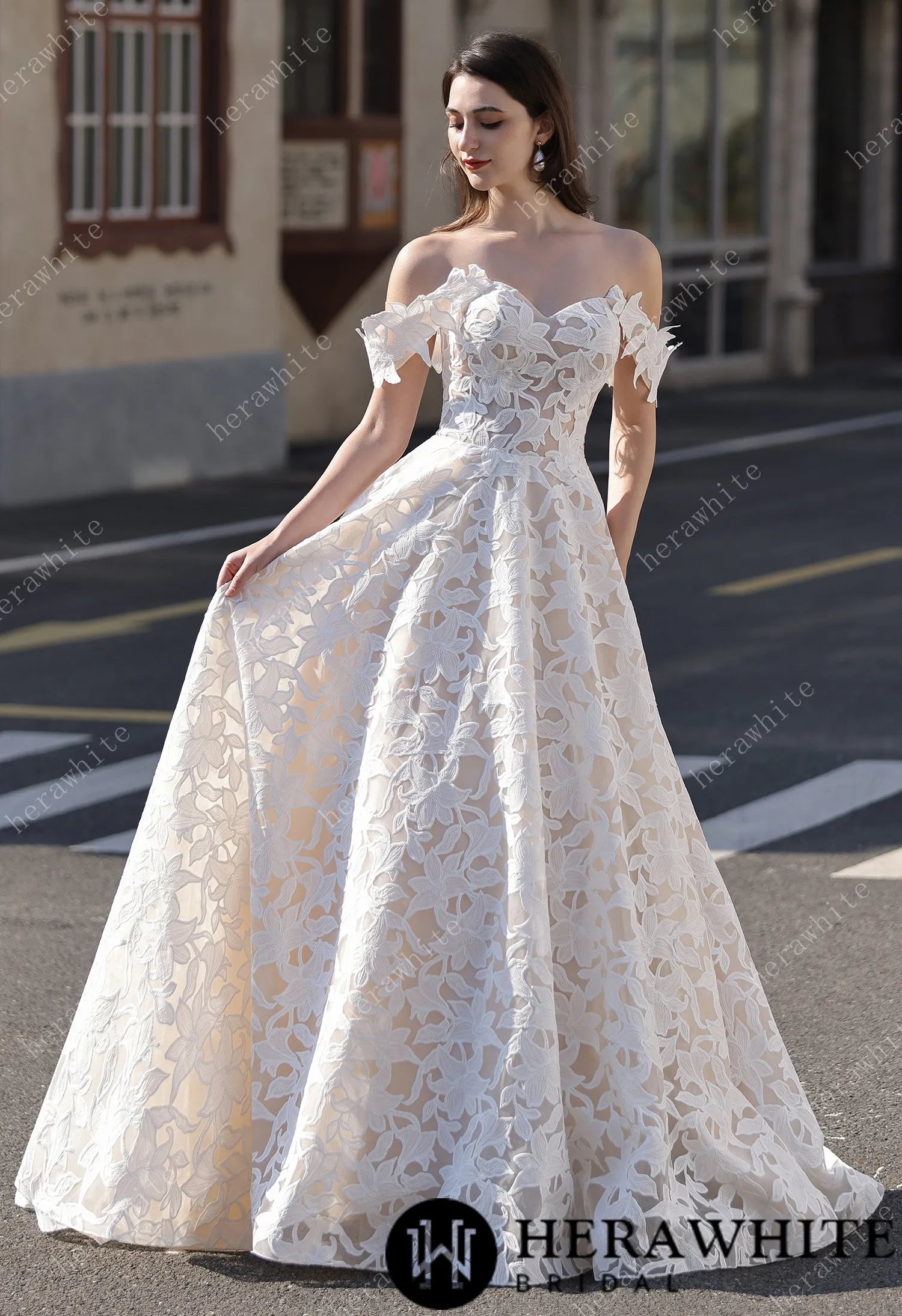 Romantic Off-the-Shoulder  Princess Dress In Floral Lace HW3824