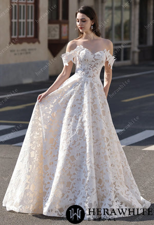 Romantic Off-the-Shoulder  Princess Dress In Floral Lace HW3824