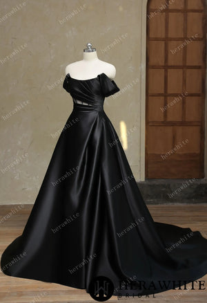 Modern Off Shoulder Grace Slit And Strapless Satin Black Wedding Dress